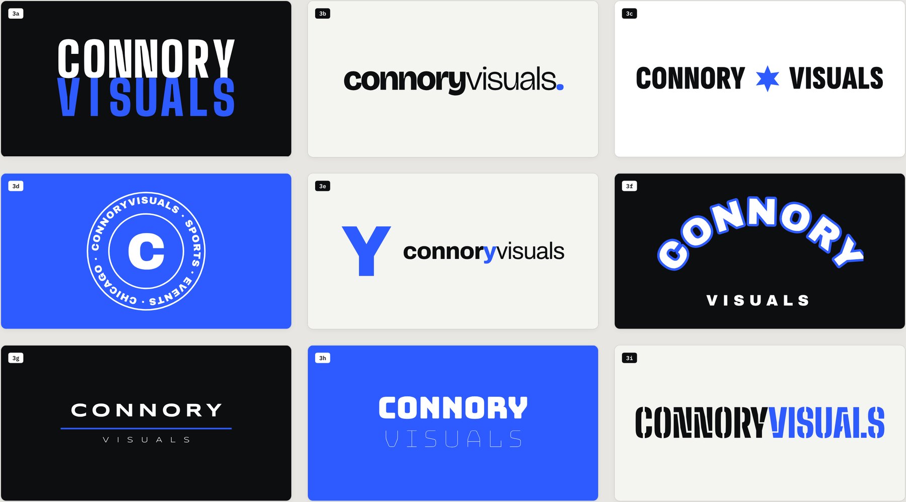 A grid of logo explorations for connoryvisuals