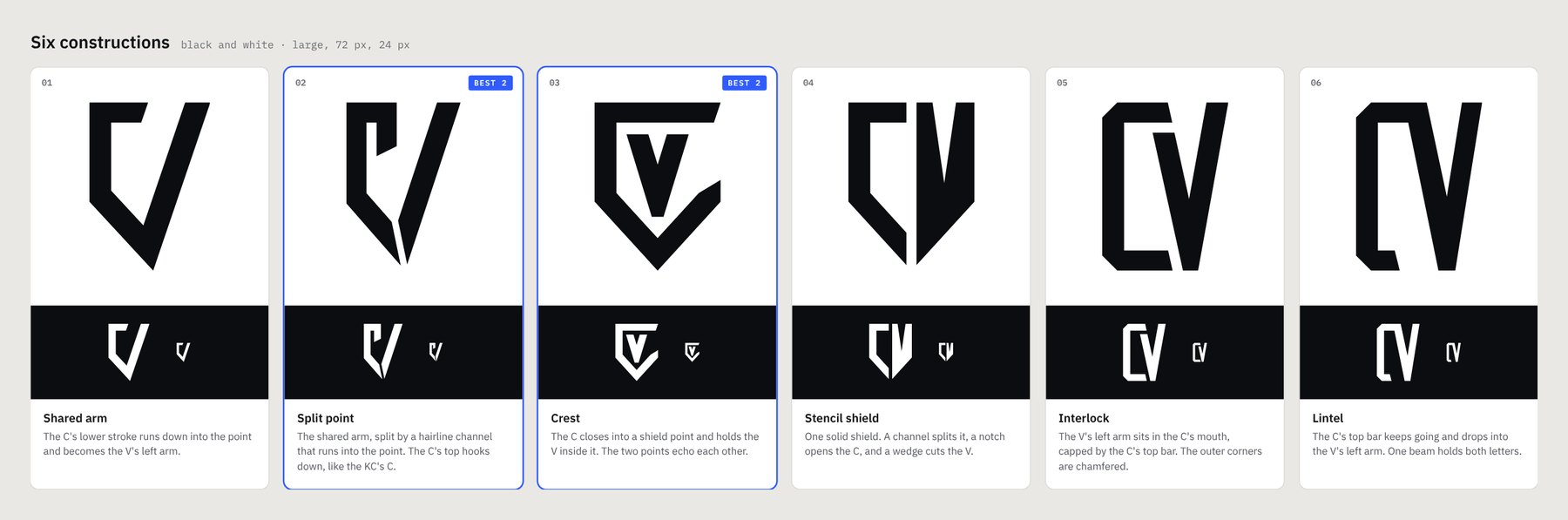 Six c and v constructions in black and white