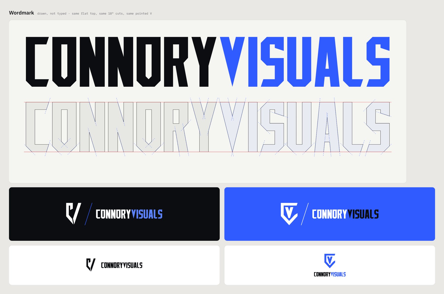 The CONNORYVISUALS wordmark with its construction and four lockups