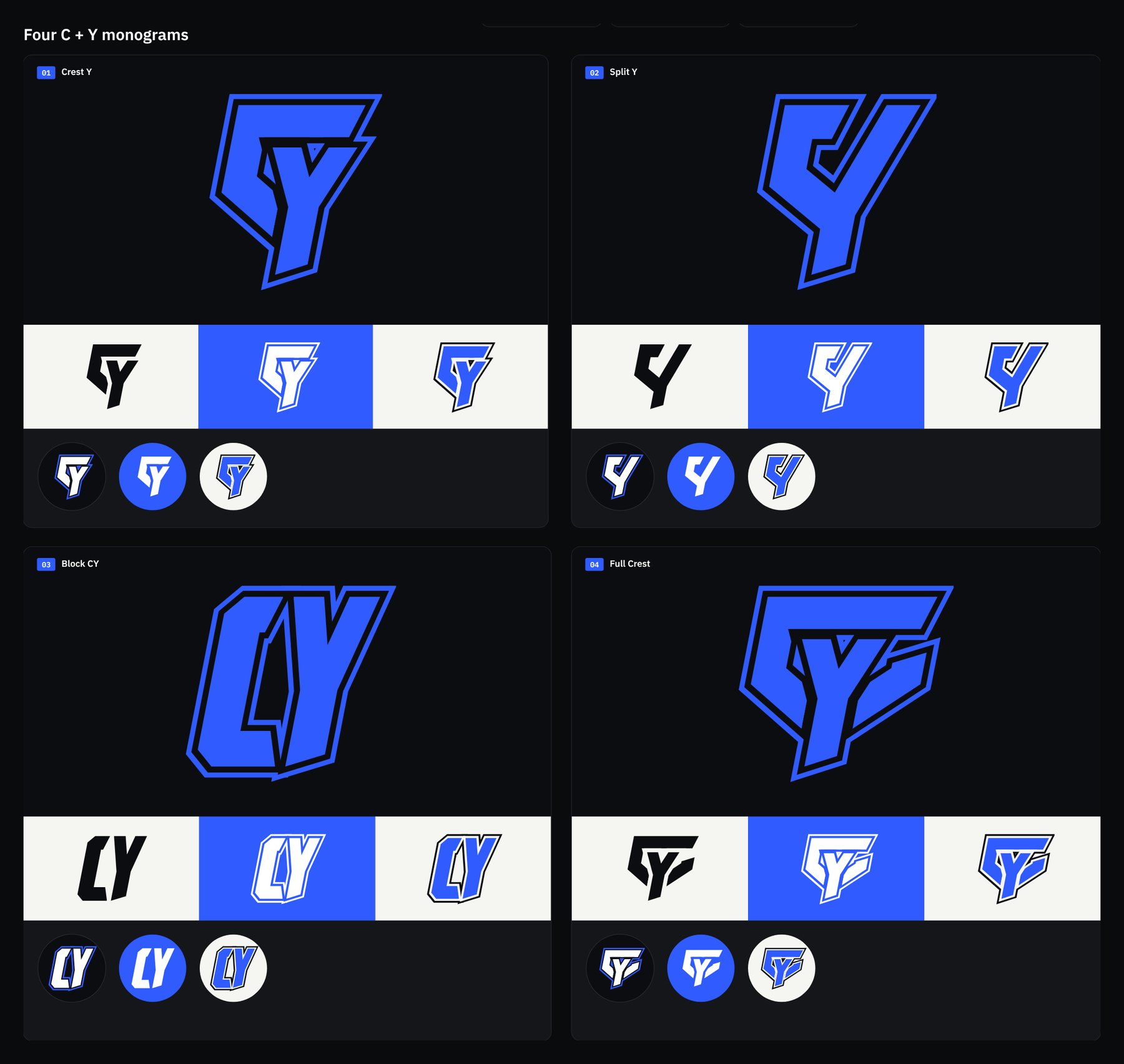 Four heavy, slanted C and Y monograms in blue