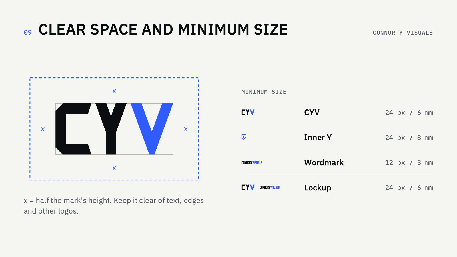 connoryvisuals guidelines, clear space and minimum size